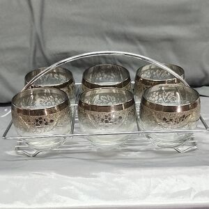 Royal Silver Madeira Roly Poly Glasses Set of 6 w Caddy Mid Century Mercury